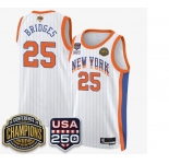 Men's New Yok Knicks #25 Mikal Bridges White Stripes 2026 Finals Patch &USA 250 Patch Stitched Basketball Jersey