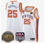Men's New Yok Knicks   #25 Mikal Bridges White Stripes 2026 Finals Patch &USA 250 Patch Stitched Basketball Jersey