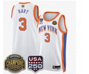 Men's New Yok Knicks   #3 Josh Hart White Stripes 2026 Finals Patch &USA 250 Patch Stitched Basketball Jersey
