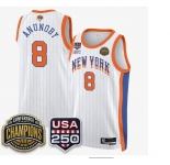 Men's New Yok Knicks #8 OG Anunoby White Stripes 2026 Finals Patch &USA 250 Patch Stitched Basketball Jersey
