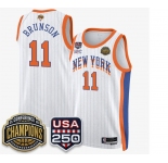 Men's New Yok Knicks #11 Jalen Brunson White Stripes 2026 Finals Patch &USA 250 Patch Stitched Basketball Jersey