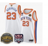 Men's New Yok Knicks  #23 Mitchell Robinson White Stripes 2026 Finals Patch &USA 250 Patch Stitched Basketball Jersey