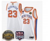 Men's New Yok Knicks  #23 Mitchell Robinson White Stripes 2026 Finals Patch &USA 250 Patch Stitched Basketball Jersey