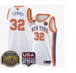 Men's New Yok Knicks #32 Karl-Anthony White Stripes 2026 Finals Patch &USA 250 Patch Stitched Basketball Jersey