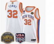 Men's New Yok Knicks  #32 Karl-Anthony White Stripes 2026 Finals Patch &USA 250 Patch Stitched Basketball Jersey