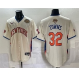 Men's New York Knicks #32 Karl-Anthony Towns Cream 2026 Finals & Eastern Conference Champions Patch Stitched Baseball Jersey
