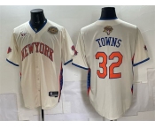 Men's New York Knicks #32 Karl-Anthony Towns Cream 2026 Finals & Eastern Conference Champions Patch Stitched Baseball Jersey