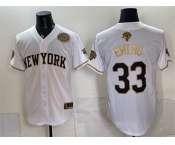 Men's New York Knicks #33 Patrick Ewing White Gold 2026 Finals & Eastern Conference Champions Patch Stitched Baseball Jersey