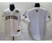 Men's New York Knicks Blank White Gold 2026 Finals & Eastern Conference Champions Patch Stitched Baseball Jersey