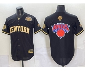 Men's New York Knicks Team Big Logo Black Gold 2026 Finals & Eastern Conference Champions Patch Stitched Baseball Jersey