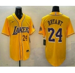 Men's Los Angeles Lakers #24 Kobe Bryant Number Yellow Purple With Patch Cool Base Stitched Baseball Jersey