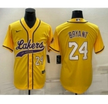 Men's Los Angeles Lakers #24 Kobe Bryant Number Yellow With Patch Cool Base Stitched Baseball Jersey
