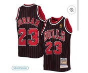 Men's Chicago Bulls #23 Michael Jordan 1997-98 Swingman Black Pinstripe Mitchell&Ness Throwback Jersey