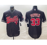 Men's Chicago Bulls #33 Scottie Pippen Black Pinstripe Cool Base Stitched Baseball Jersey