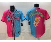 Men's San Antonio Spurs Team Big Logo Pink Blue USA 250' Patch Stitched Baseball Jersey