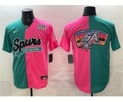 Men's San Antonio Spurs Team Big Logo Teal Pink Split USA 250' Patch Stitched Baseball Jersey