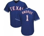 Men's Majestic Texas Rangers #1 Elvis Andrus Authentic Royal Blue Team Logo Fashion Cool Base MLB Jersey