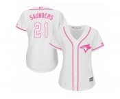 Women Majestic Toronto Blue Jays #21 Michael Saunders Replica White Fashion Cool Base MLB Jersey