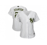 Women New York Yankees #27 Giancarlo Stanton White Strip 2018 Memorial Day Cool Base Stitched MLB Jersey