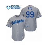 Youth Majestic Los Angeles Dodgers #99 Hyun-Jin Ryu Replica Grey Road 2017 World Series Bound Cool Base MLB Jersey