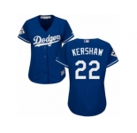 Women Majestic Los Angeles Dodgers #22 Clayton Kershaw Replica Royal Blue Alternate 2017 World Series Bound Cool Base MLB Jersey