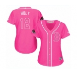 Women's Majestic Boston Red Sox #12 Brock Holt Authentic Pink Fashion 2018 World Series Champions MLB Jersey