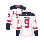 Women's Adidas Team USA #9 Zach Parise Premier White Home 2016 World Cup Hockey Jersey