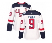 Women's Adidas Team USA #9 Zach Parise Premier White Home 2016 World Cup Hockey Jersey