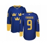 Men's Adidas Team Sweden #9 Filip Forsberg Authentic Royal Blue Away 2016 World Cup of Hockey Jersey