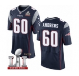 Men's Nike New England Patriots #60 David Andrews Elite Navy Blue Team Color Super Bowl LI 51 NFL Jersey