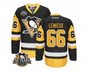 Men's Reebok Pittsburgh Penguins #66 Mario Lemieux Authentic Black Gold Third 50th Anniversary Patch NHL Jersey