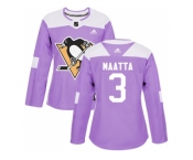 Women Adidas Pittsburgh Penguins #3 Olli Maatta Purple Authentic Fights Cancer Stitched NHL Jersey