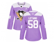 Women Adidas Pittsburgh Penguins #58 Kris Letang Purple Authentic Fights Cancer Stitched NHL Jersey