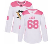 Women Adidas Pittsburgh Penguins #68 Jaromir Jagr Authentic White Pink Fashion NHL Jersey
