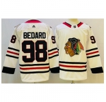 Men Chicago Blackhawks 98 Connor Bedard White Black Stitched Jersey