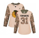 Women Adidas Chicago Blackhawks #31 Anton Forsberg Authentic Camo Veterans Day Practice NHL Jersey