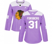 Women Adidas Chicago Blackhawks #31 Anton Forsberg Authentic Purple Fights Cancer Practice NHL Jersey