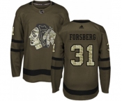 Youth Adidas Chicago Blackhawks #31 Anton Forsberg Authentic Green Salute to Service NHL Jersey