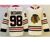 Youth Chicago Blackhawks #98 Connor Bedard White Black Stitched Jersey