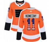 Women Adidas Philadelphia Flyers #11 Travis Konecny Authentic Orange USA Flag Fashion NHL Jersey
