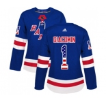 Women Adidas New York Rangers #1 Eddie Giacomin Authentic Royal Blue USA Flag Fashion NHL Jersey