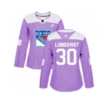 Women Adidas New York Rangers #30 Henrik Lundqvist Purple Authentic Fights Cancer Stitched NHL Jersey