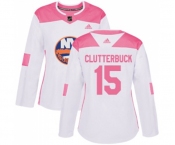 Women Adidas New York Islanders #15 Cal Clutterbuck Authentic White Pink Fashion NHL Jersey