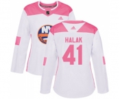 Women Adidas New York Islanders #41 Jaroslav Halak Authentic White Pink Fashion NHL Jersey
