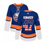 Women Adidas New York Islanders #47 Leo Komarov Authentic Royal Blue USA Flag Fashion NHL Jersey