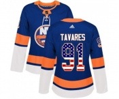 Women Adidas New York Islanders #91 John Tavares Authentic Royal Blue USA Flag Fashion NHL Jersey