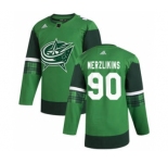 Men's Columbus Blue Jackets #90 Elvis Merzlikins 2020 St. Patrick's Day Stitched Hockey Jersey Green