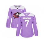 Women Adidas Columbus Blue Jackets #7 Jack Johnson Purple Authentic Fights Cancer Stitched NHL Jersey