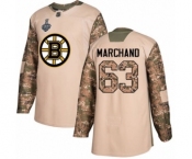 Men's Boston Bruins #63 Brad Marchand Authentic Camo Veterans Day Practice 2019 Stanley Cup Final Bound Hockey Jersey