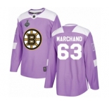 Men's Boston Bruins #63 Brad Marchand Authentic Purple Fights Cancer Practice 2019 Stanley Cup Final Bound Hockey Jersey